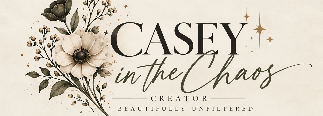 Casey in the Chaos — Creator, Beautifully Unfiltered, illustrated cream flowers and olive botanical foliage